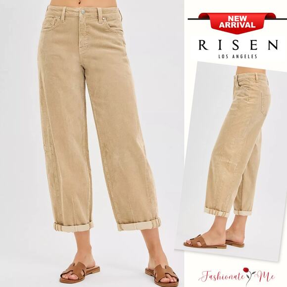 RISEN High Rise Waist Zipper Fly Pocketed Crop Barrel Leg Corduroy Pants | Tan - Picture 1 of 7